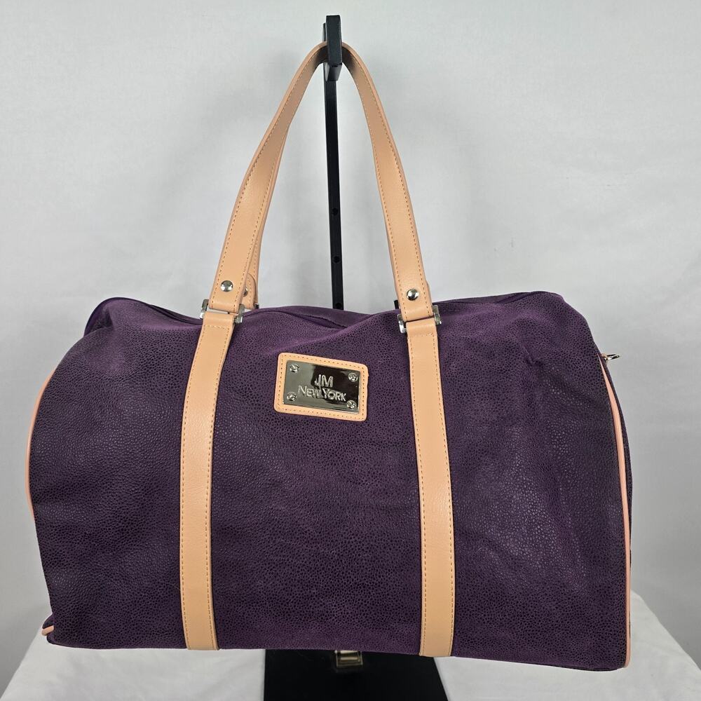 JM New York Duffle Bag Weekender Purple Tan Detachable Strap 18" x 10" x 8"